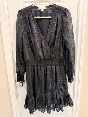 Michael Kors Black Metallic Grid V-Neck Smocked Mini Dress
